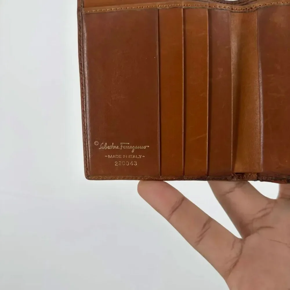 Vintage Ferragamo Ribbed Canvas Leather Tri-fold Wallet W/ Coin Pouch